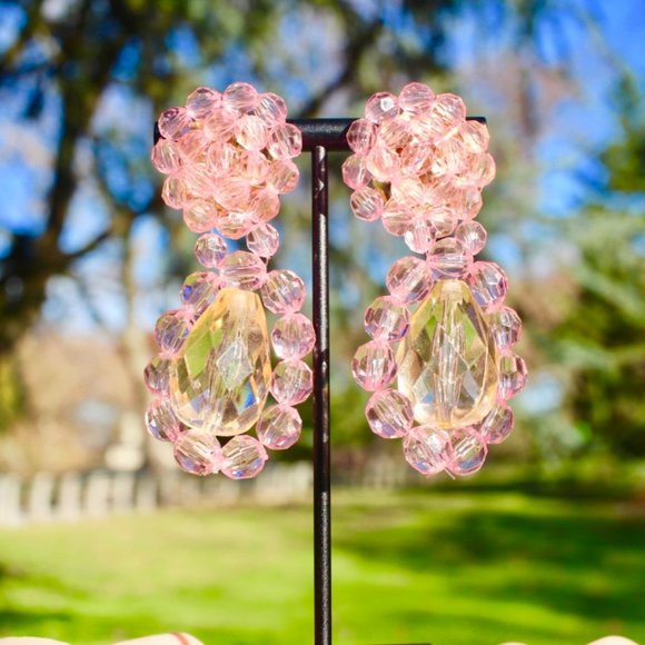 New Clear Crystal Acrylic Dangle Drop Earrings Pink Big Dangle Fresh Spring - Picture 9 of 13